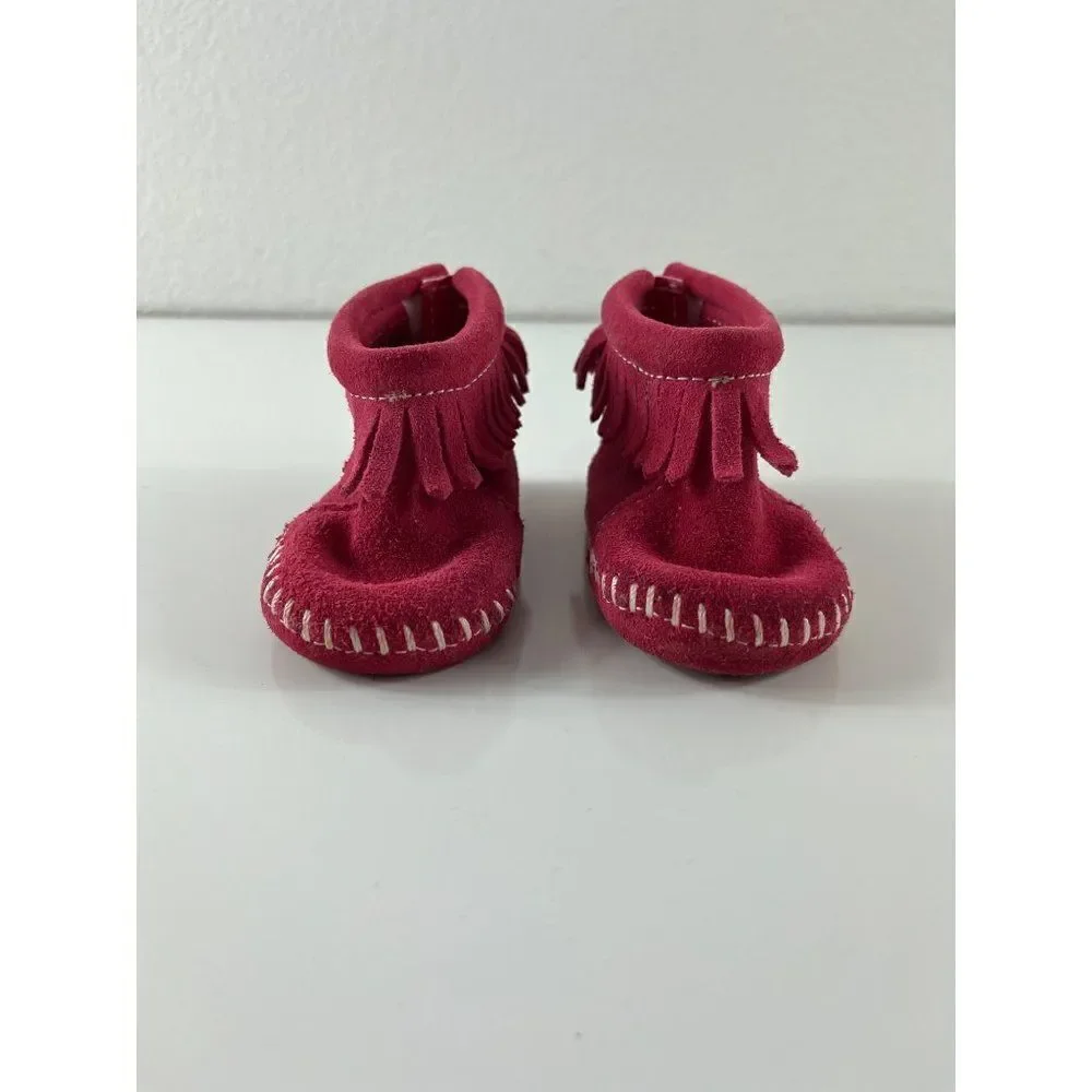 Minnetonka Infant Back Flap Suede Fringe Bootie Moccasins Baby Size 1 Red Pink